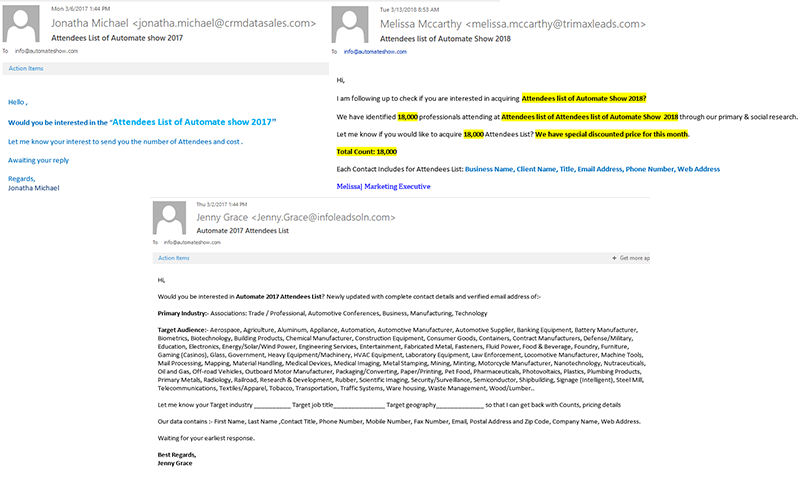 Examples of fraudulent emails received at A3